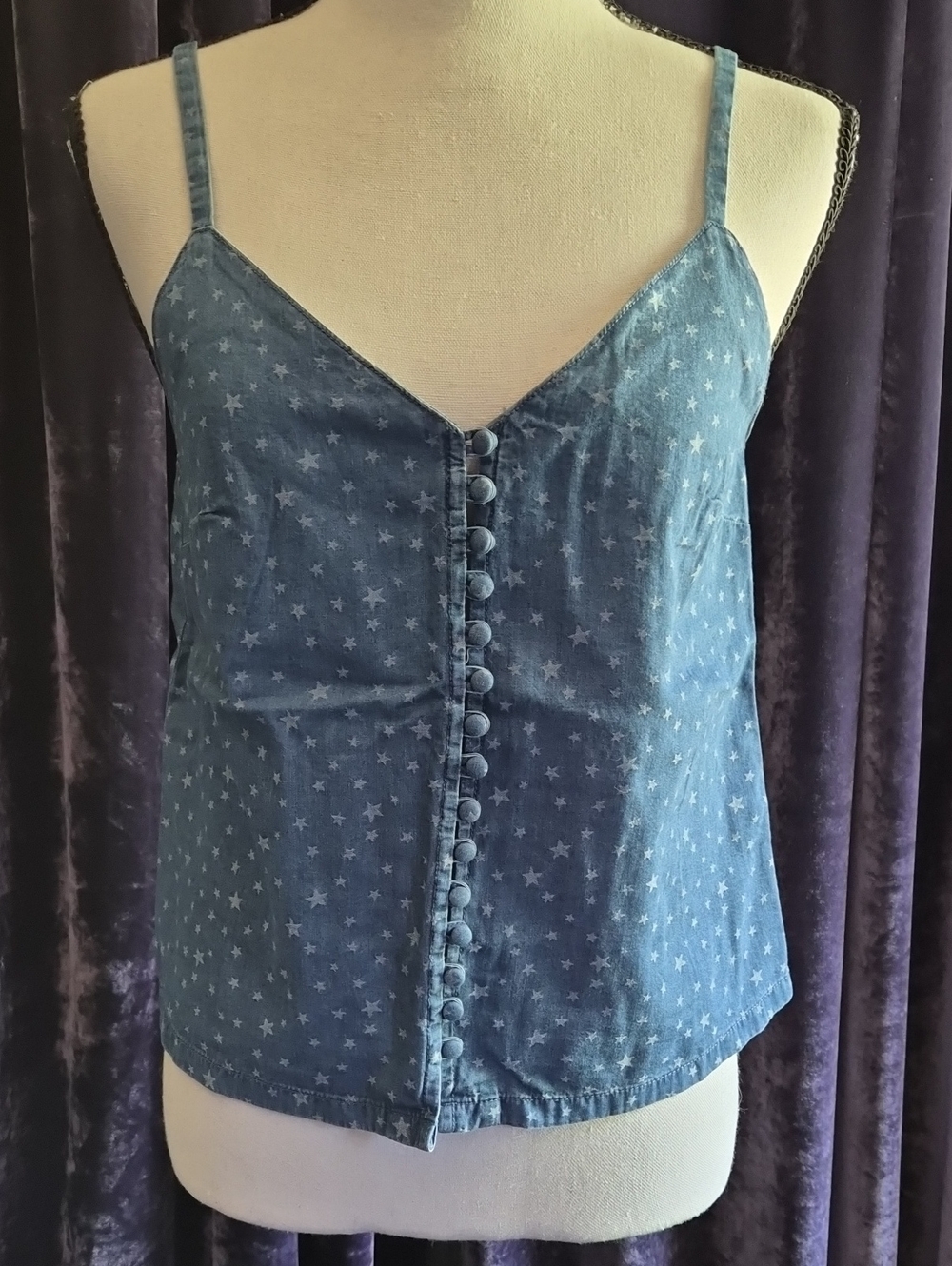 NWT Madewell Light Blue Star-Print Denim Cami with Covered Buttons Size Small